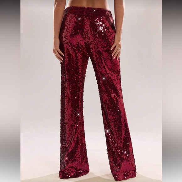 Women's Solid Red Sequin Flared Pants For Fall/Winter Perfect For Parties, - Picture 2 of 4